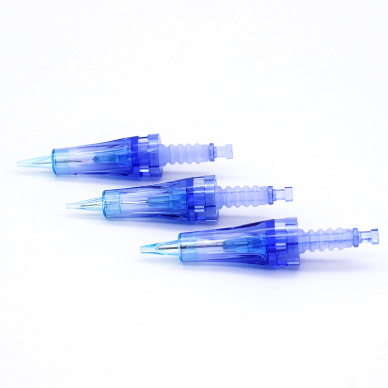 three blue and clear toothbrushes on a white surface