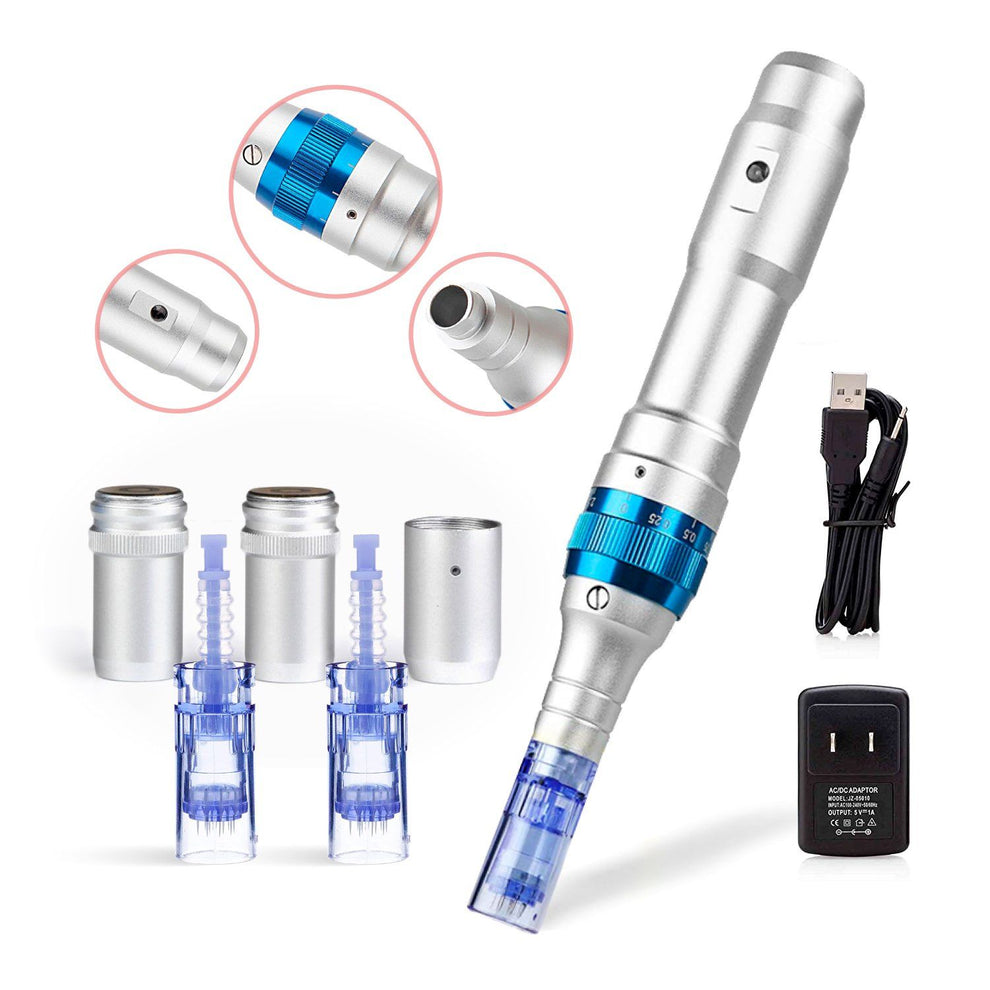 a blue and silver electric toothbrush with four attachments