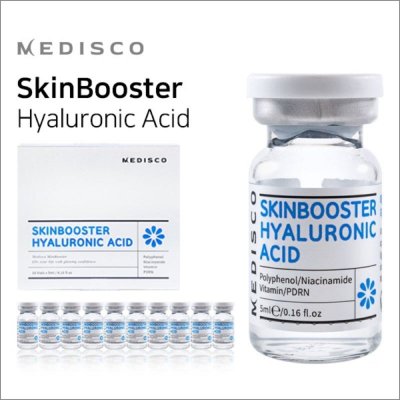 a bottle of skin booster hyalurionic acid next to a box of h