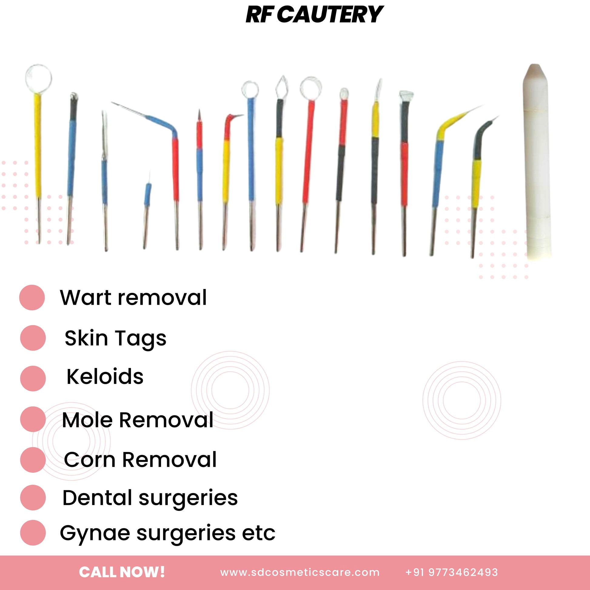 Close-up of the SD Cosmetics Care RF Cautery for skin tags, moles and warts removal highlighting its ergonomic design and included accessories.