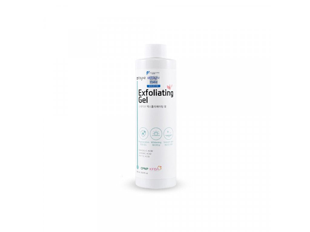 a bottle of exfotating gel on a white background