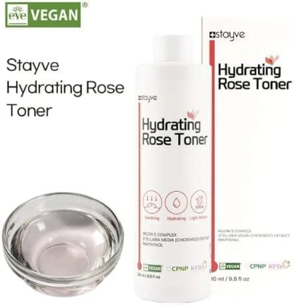 a bottle of hydrating rose toner next to a bowl