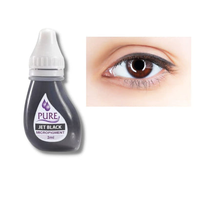 a close up of a person's eye and a bottle of eyeliner