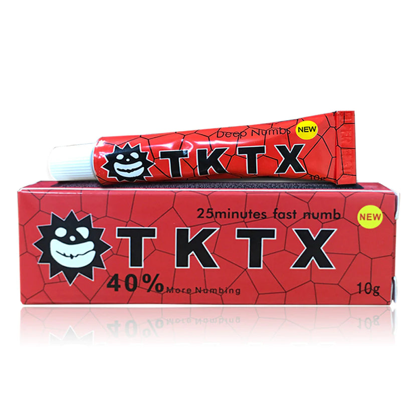 a tube of tktx next to a tube of toothpaste