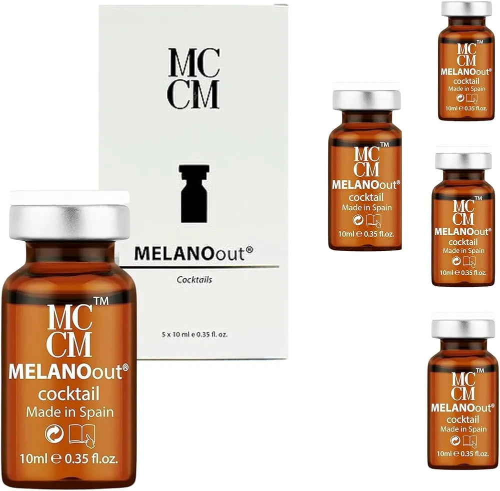 Set of MCCM MELANOout cocktail bottles displayed beside their packaging, featuring five 10ml amber vials designed to combat skin hyperpigmentation and promote a youthful glow. The product is labeled 'Made in Spain' and showcases a clean, modern aesthetic.