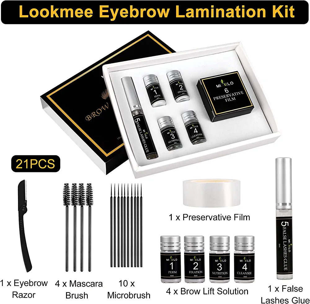 the lookme eyebrow lamination kit includes a brush, mascara, eyeliner,