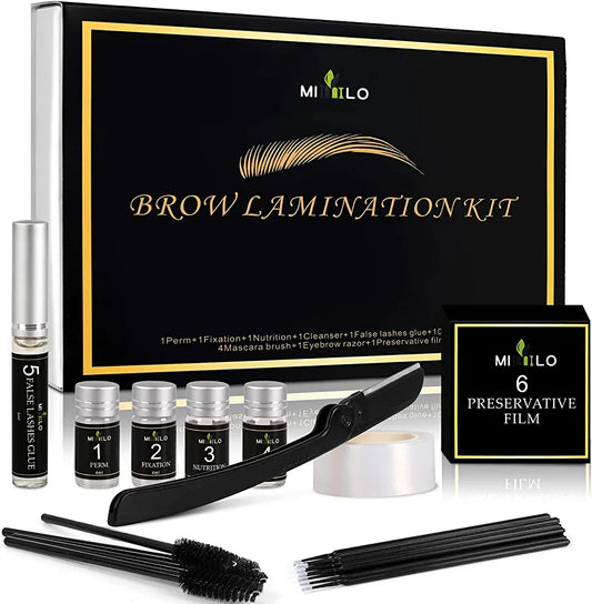 a box of brow lamination kit with a brush, eyeliner, eyeliner