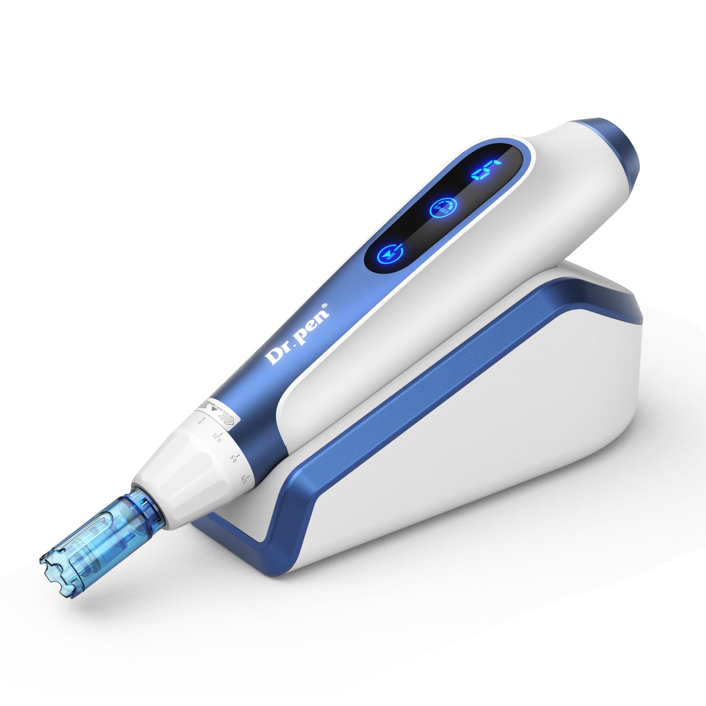 a blue and white electric pen sitting on top of a white surface