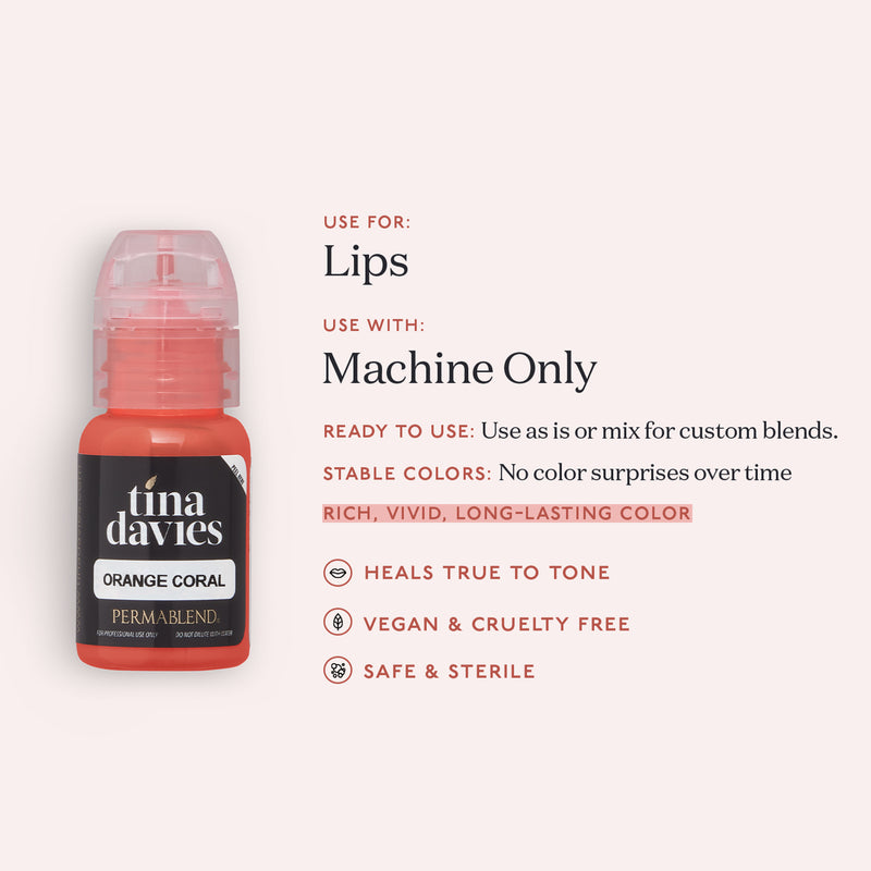 Informative graphic details about the Orange Coral - Tina Davies Lust Lip Perma Blend, highlighting its use for lips and claims of long-lasting color.