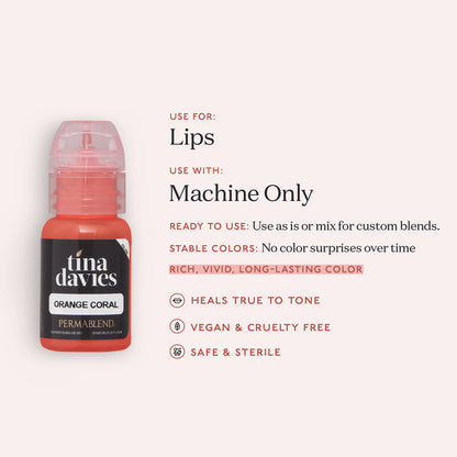 Informative graphic details about the Orange Coral - Tina Davies Lust Lip Perma Blend, highlighting its use for lips and claims of long-lasting color.