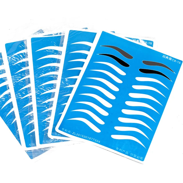 a set of five blue stickers with black eyebrows