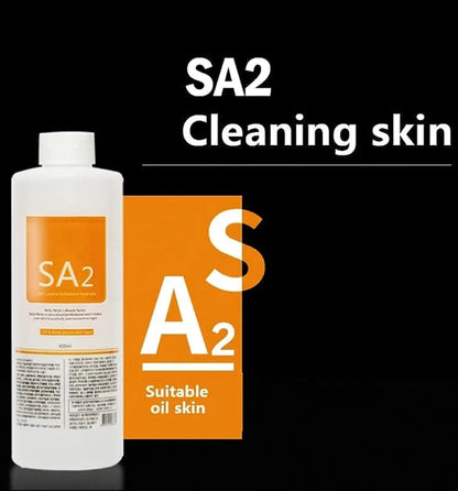 a bottle of sa2 cleaning skin on a black background