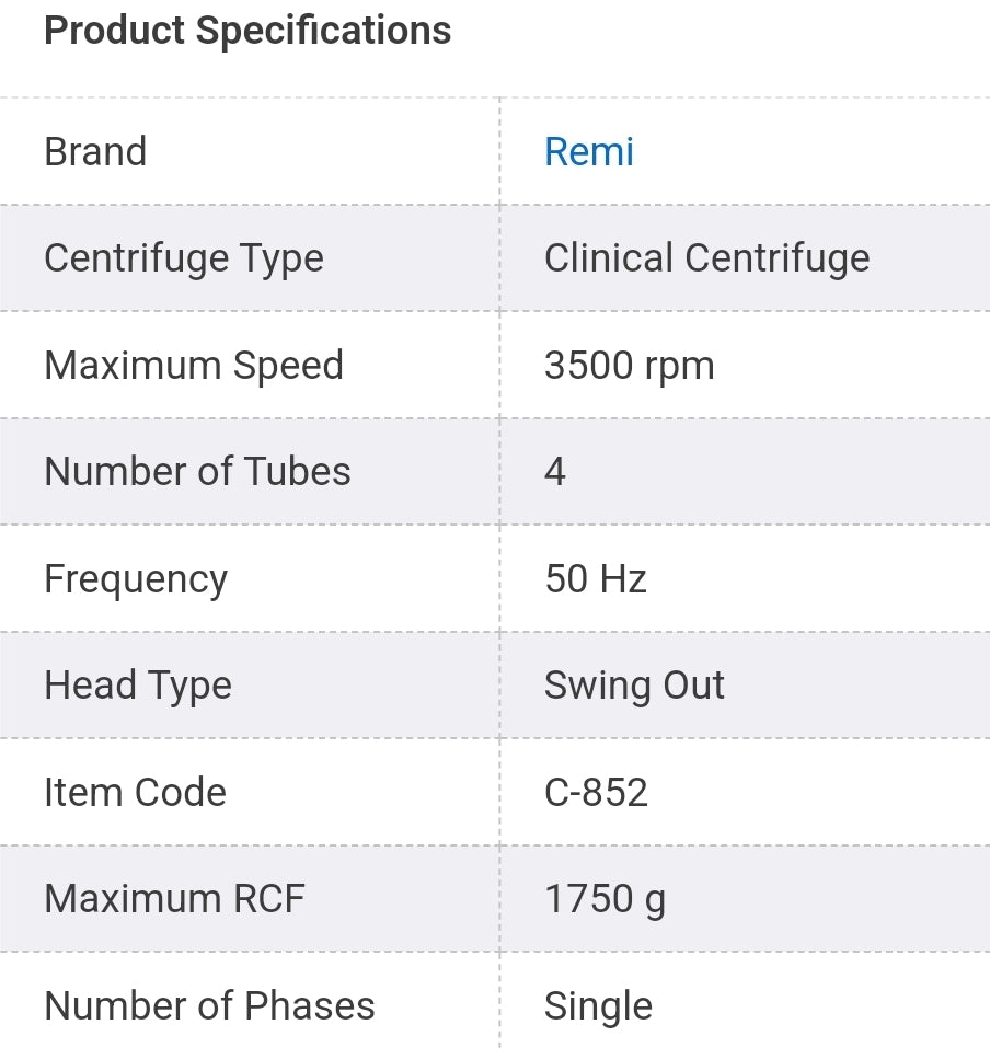 Remi C-852 Laboratory Centrifuges (With 4x15 ml Swing Out Head)