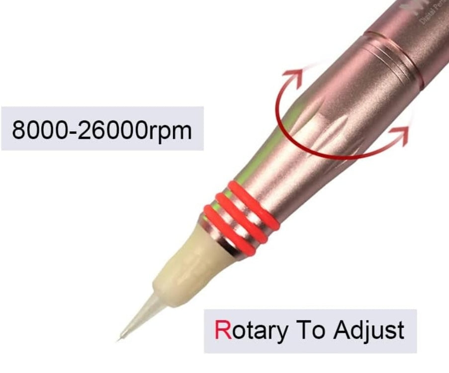 a close up of a pen with a caption for rotary to adjust