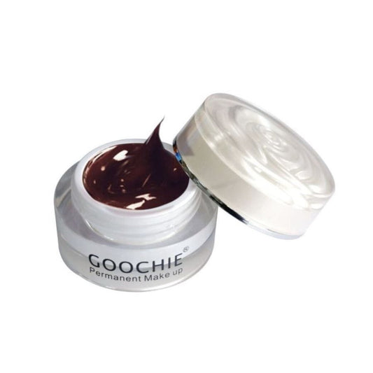 a jar of goochie permanent makeup on a white background