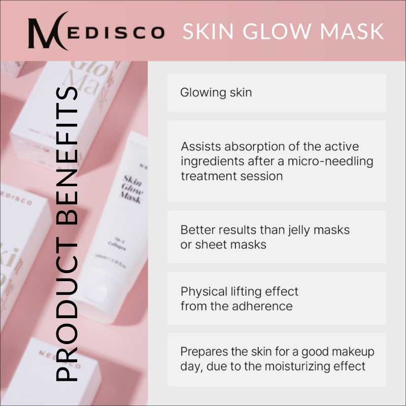 a pink background with text describing the benefits of skin glow mask