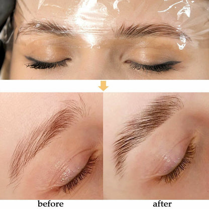 before and after photos of a woman's eyebrows