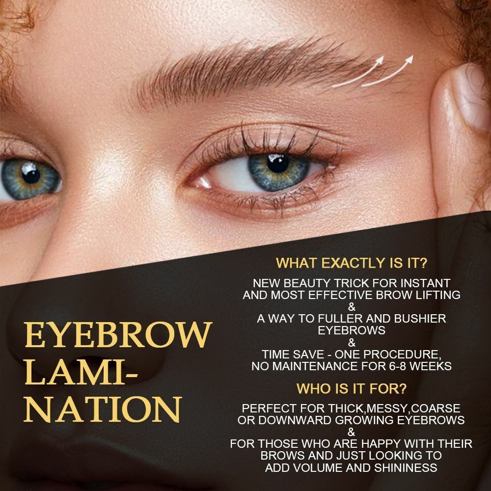 a woman's eye with a black background and the words eyebrow lam - nation