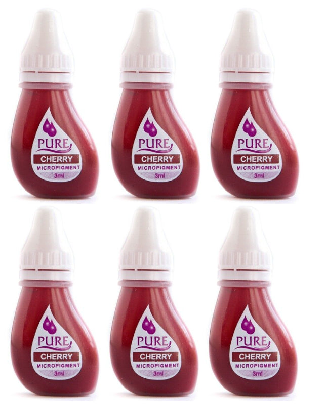 six bottles of pure cherry juice on a white background